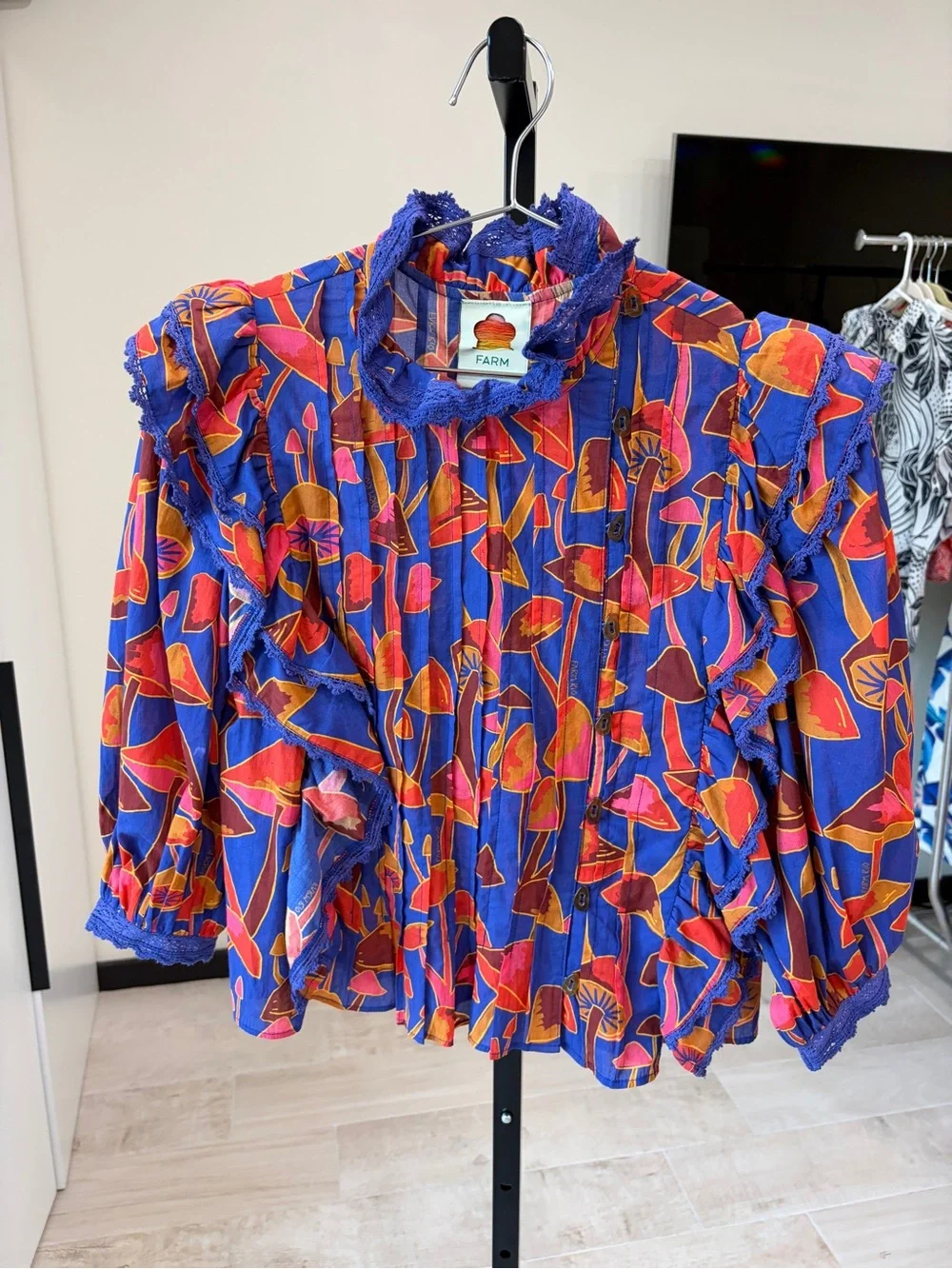 Farm Rio: MUSHROOM SKETCH BRIGHT BLUE BLOUSE
